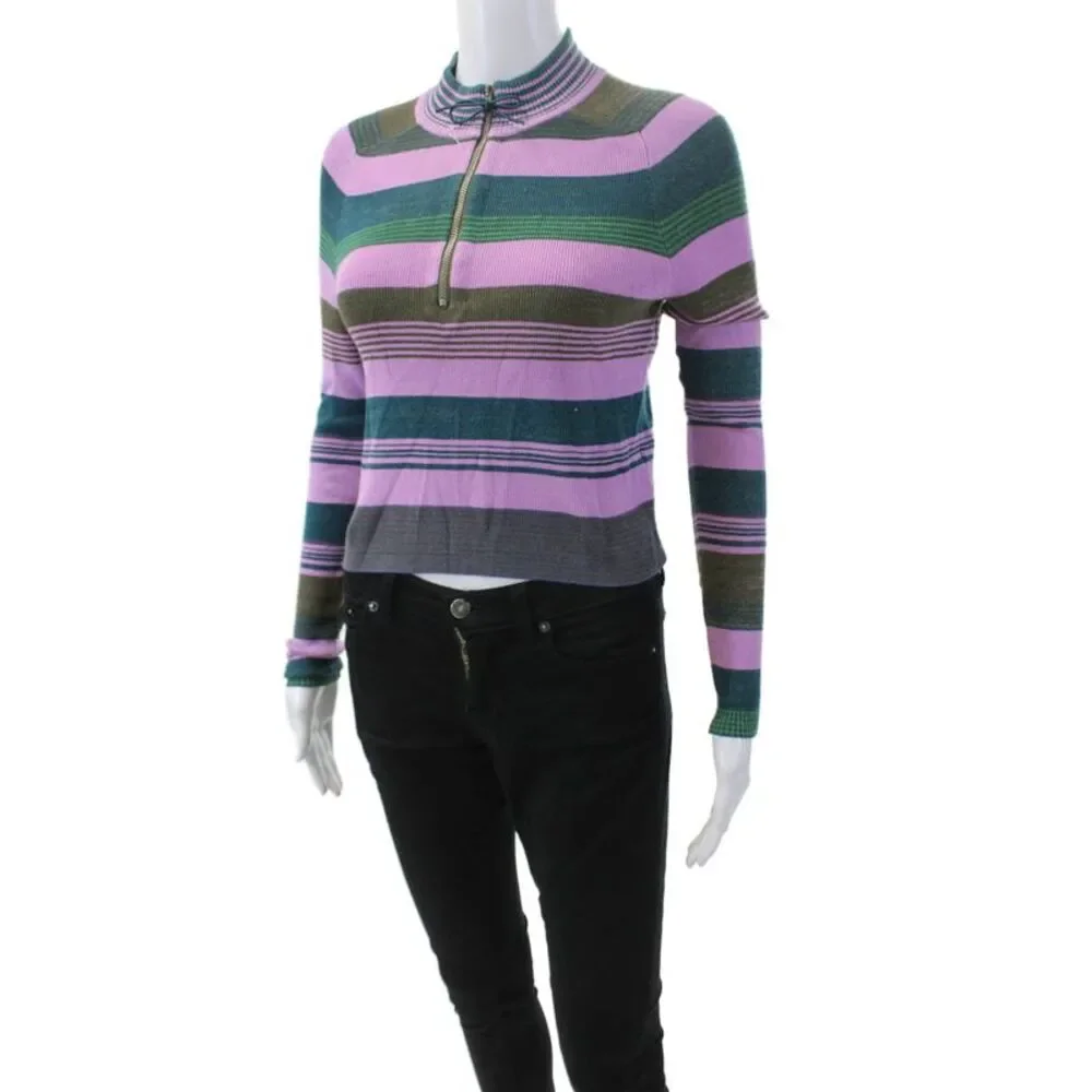 Free People Women's Mock Neck Long Sleeves Fitted Cropped Top Striped Size XS